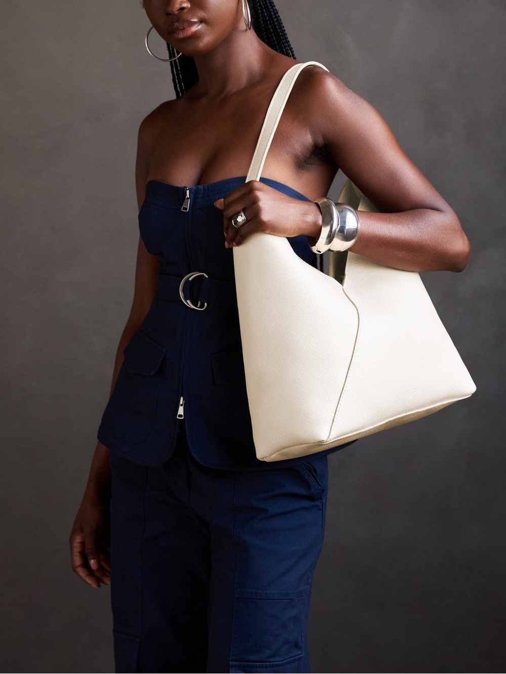 Portland Leather Pebbled Bone Cream Oversized Shoulder Hobo Bag - Picture 2 of 7